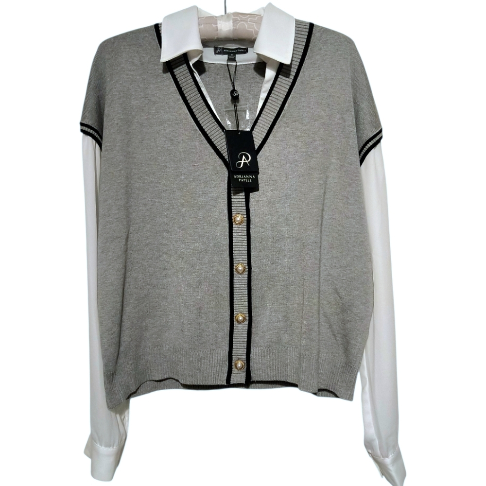 Adrianna Papell Grey V-neck Button Down Poetcore Sweater Blouse NWT